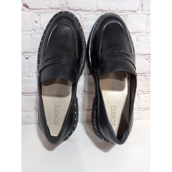Schutz Christie Studs Chunky Lug Soles Black Leather Penny Loafer Sz 9.5 $168 - Picture 3 of 13